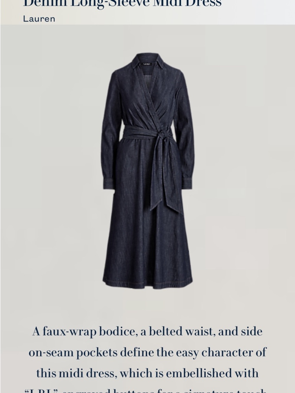 Lauren Ralph Lauren Dark Indigo Faux-Wrap Denim Midi Dress NWT
